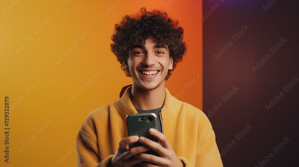 Asian hipster with mobile, chatting, communication, ordering food. Young smiling Indian man holding smartphone using mobile app shopping online Asian hipster with mobile, chatting, communication, ordering food. Young smiling Indian man holding smartphone using mobile app shopping online