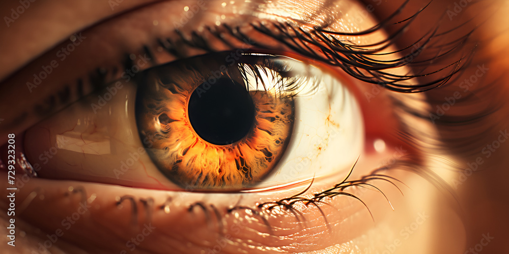 Gazing into Captivating Depths: Close-Up Photography of a Stunning Human Eye with Mustard-Colored Iris and Exquisite Eyelashes - obrazy, fototapety, plakaty 