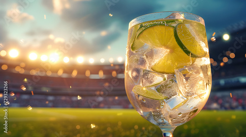 Cinematic wide angle photograph of a gin tonic sparkling cocktail with lime at a soccer stadium. Product photography. photo