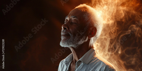 Happy black male in zen calmness taking deep breath for zen, health or spiritual wellness. African American man with healing energy and light around feeling good breathing calm peace
