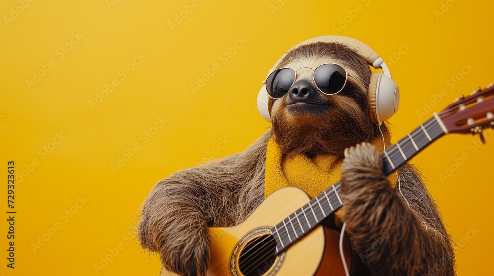 Naklejka premium sloth musician playing guitar on yellow background