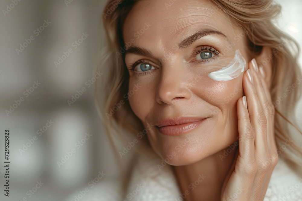 beautiful woman applying cream to her face beautiful woman applying cream to her face