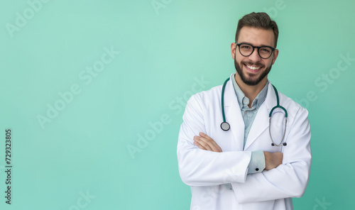 A smiling male doctor in a white coat with a stethoscope stands confidently with his arms crossed against a turquoise background, exuding professionalism and friendliness. photo