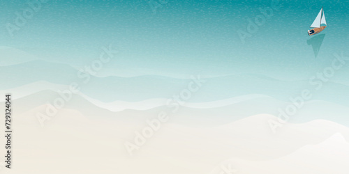 Beach with tropical blue sea  and sail boat top view background template for advertisment. Beach and seascape view from above vector illustration have blank space. © Wasitt