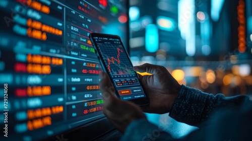 Businessman Holding Smartphone and Checking Stock and Cryptocurrency Market in Office.
