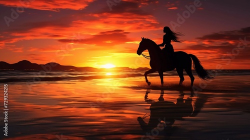 silhouette of a woman riding a horse at sunset, on the beach. generative ai