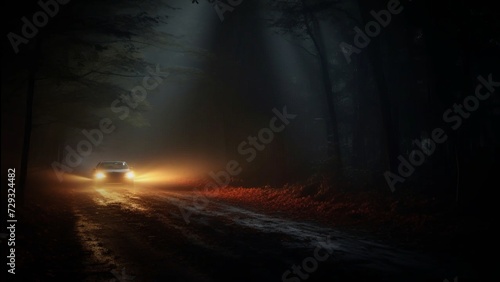 Solitary Car Headlight Shines in Enchanting Forest Ambiance