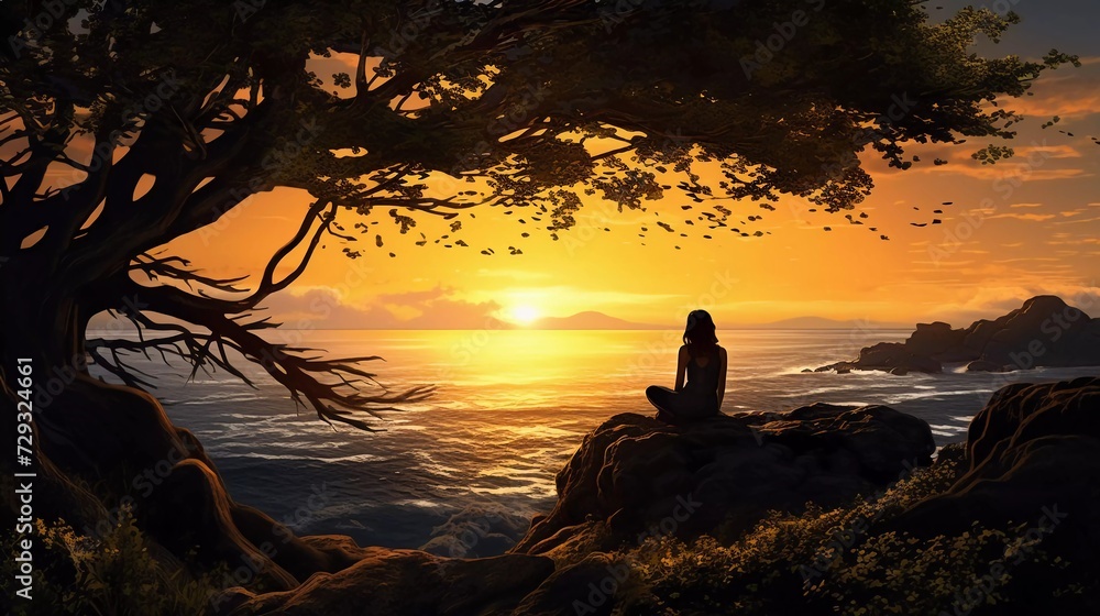 silhouette of a woman sitting on rocks at sunset, under a lush tree. generative ai