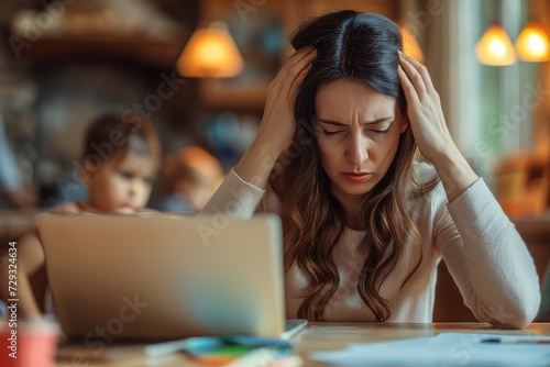 Business woman working at home with children playing