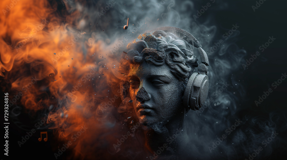 Mystical statue with headphones in smoke and musical notes