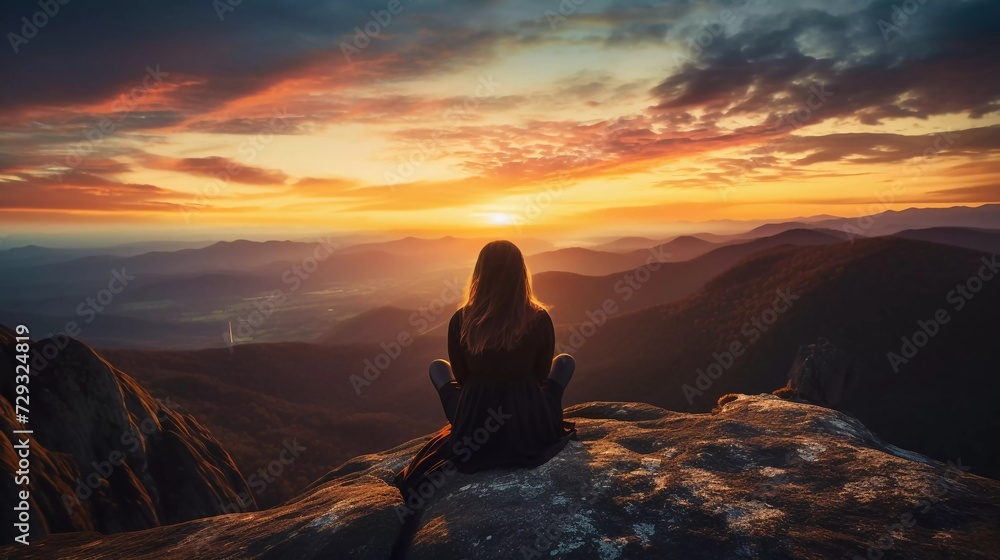 Naklejka premium woman's silhouette sitting on a rock at sunset on a mountain peak. generative ai