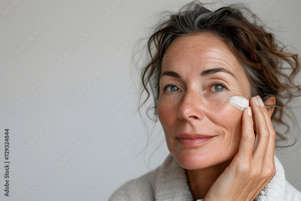 beautiful gray-haired woman applying cream to her face beautiful gray-haired woman applying cream to her face