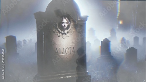 Elegant Woman Amidst Tombstones in Nighttime Ceremony