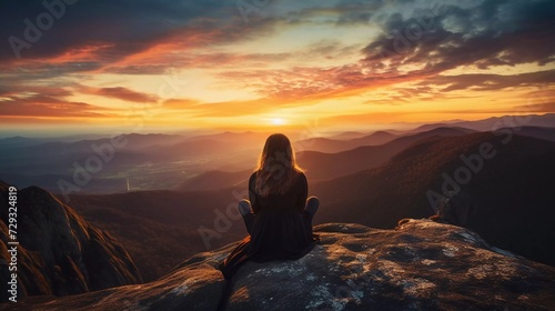 woman s silhouette sitting on a rock at sunset on a mountain peak. generative ai