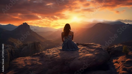 woman s silhouette sitting on a rock at sunset on a mountain peak. generative ai