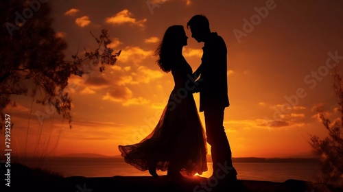 silhouette photo of a romantic couple kissing at sunset. generative ai
