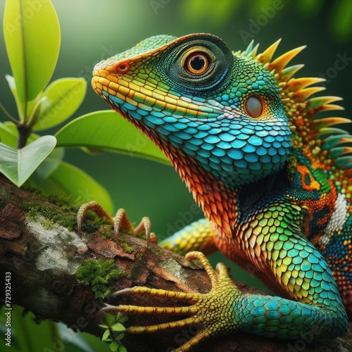 A colorful lizard perched on a tree branch  surrounded by green leaves
