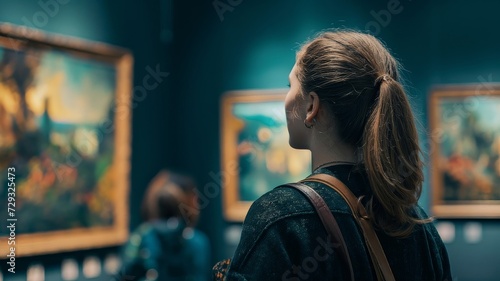 Woman visits an art gallery and looks at photographs of a painting on the wall.