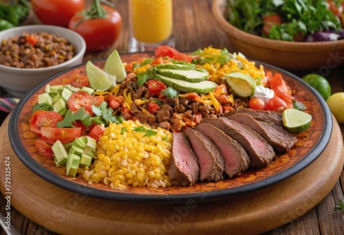 A colorful plate of Mexican food with beef and a variety of vegetables