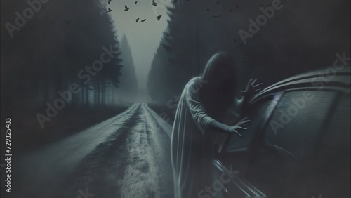 Enchanting Female Ghost Gazing Through Car Windshield in Night Forest