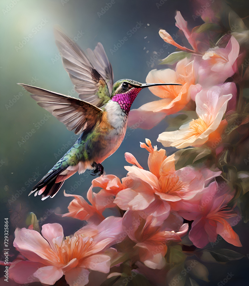 beautiful colorful hummingbird flying under peach fuzz color flowers. close up. painting watercolor style. Ai generated
