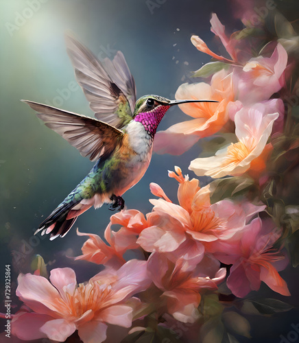 Obraz na płótnie beautiful colorful hummingbird flying under peach fuzz color flowers. close up. painting watercolor style. Ai generated w salonie