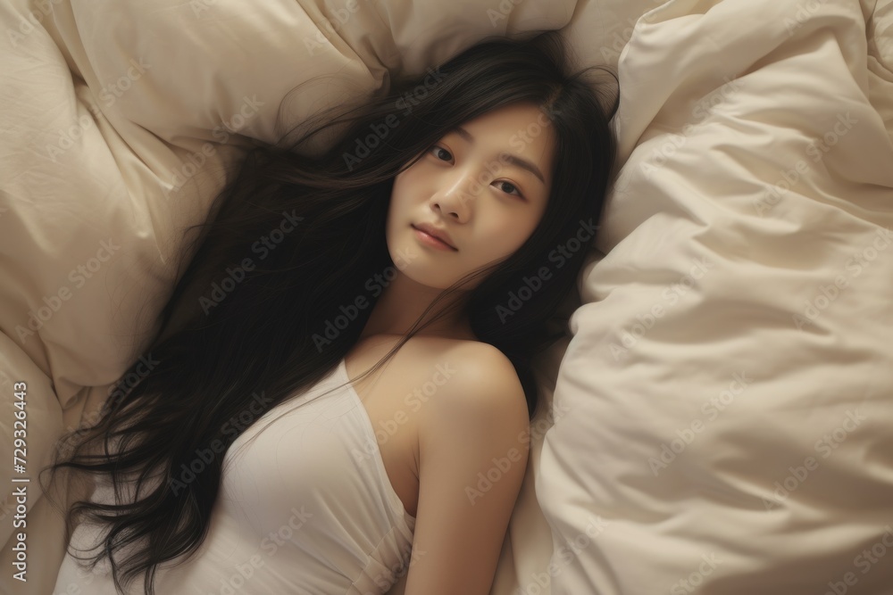As Asian woman, She lies comfortably on a white, plush bed and pillow. Serenity in Smiles, Witness the tranquil happiness of a young woman, her eyes radiating joy. Generative AI. As Asian woman, She lies comfortably on a white, plush bed and pillow. Serenity in Smiles, Witness the tranquil happiness of a young woman, her eyes radiating joy. Generative AI.