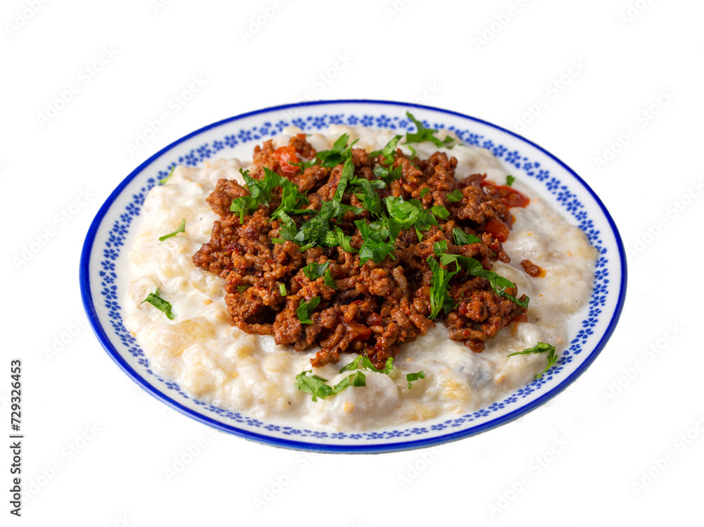 Turkish Ali Nazik Kebab with Yogurt, Minced Meat and Roasted Eggplant or Aubergine Kebap. Turkish Ali Nazik Kebab with Yogurt, Minced Meat and Roasted Eggplant or Aubergine Kebap.