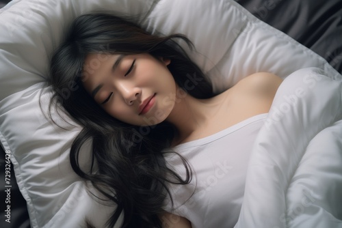 As Asian woman, She lies comfortably on a white, plush bed and pillow. Serenity in Smiles, Witness the tranquil happiness of a young woman, her eyes radiating joy. Generative AI.