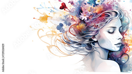 watercolor clipart portrait of a woman with floral pattern, a white background