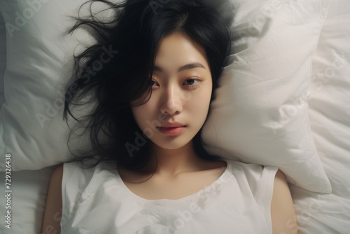 As Asian woman, She lies comfortably on a white, plush bed and pillow. Serenity in Smiles, Witness the tranquil happiness of a young woman, her eyes radiating joy. Generative AI.