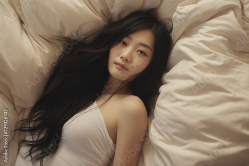 As Asian woman, She lies comfortably on a white, plush bed and pillow. Serenity in Smiles, Witness the tranquil happiness of a young woman, her eyes radiating joy. Generative AI.