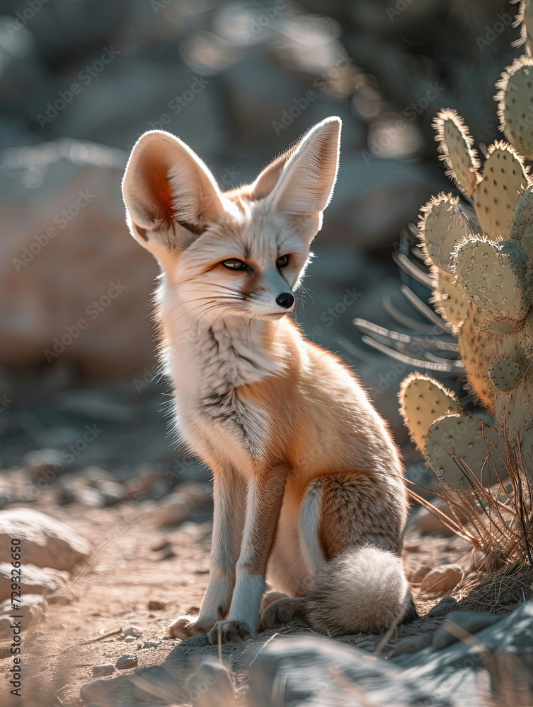 fennec fox sitting next to cactus