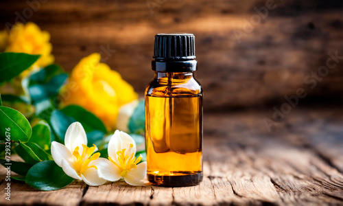 neroli essential oil in a bottle. Selective focus.