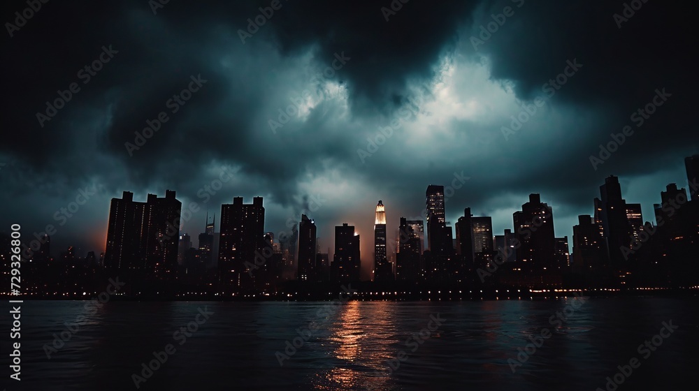 Darkened Cityscape During Severe Storm