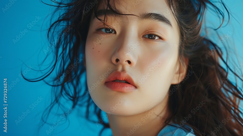 Modern Korean Woman with Soft Blue Backdrop Modern Korean Woman with Soft Blue Backdrop