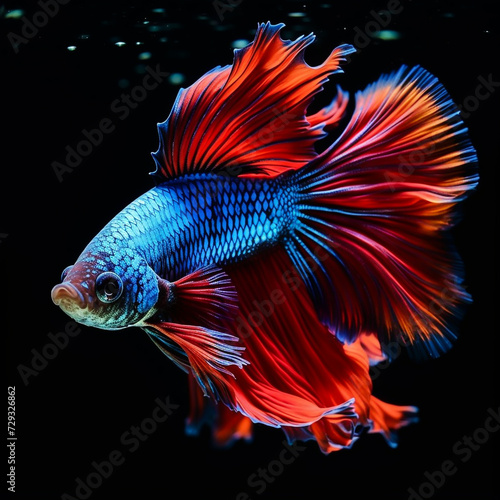 Fighting fish, a blue fighting fish with a glistening light red tail, moves gracefully and calmly against a dark black background. Contrasting hues add a touch of fascination to the water movement.