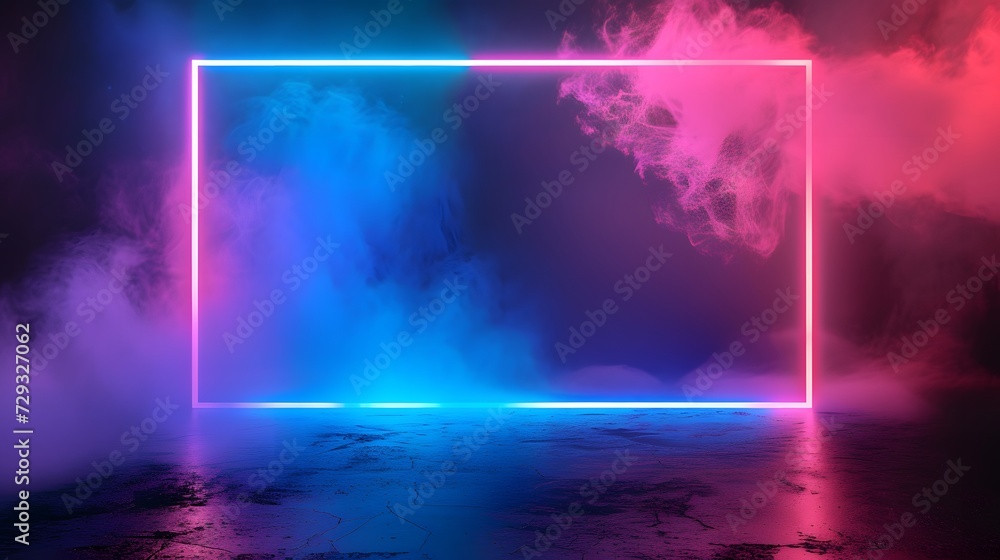 Rectangle picture frame with gradient neon color shade. Blue and pink light for overlay element. frame for template and layout on the wall background. copy space. mockup.