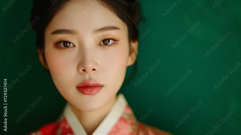 Young Korean Woman in Stylish Hanbok with Emerald Green Background Young Korean Woman in Stylish Hanbok with Emerald Green Background
