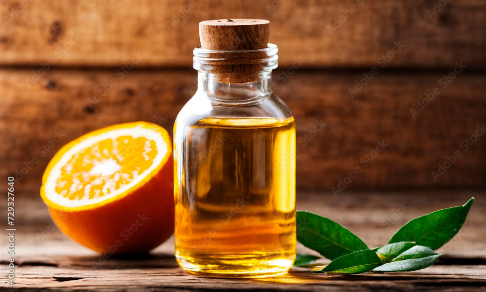 orange essential oil in a bottle. Selective focus. orange essential oil in a bottle. Selective focus.