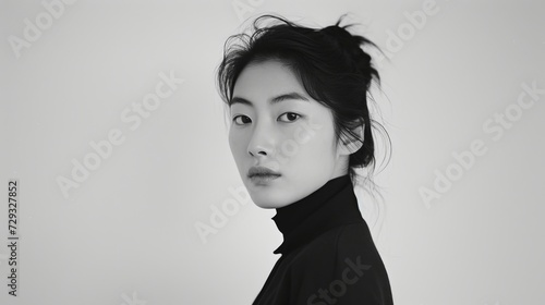 Minimalist Portrait of Young Korean Woman in Monochrome Fashion