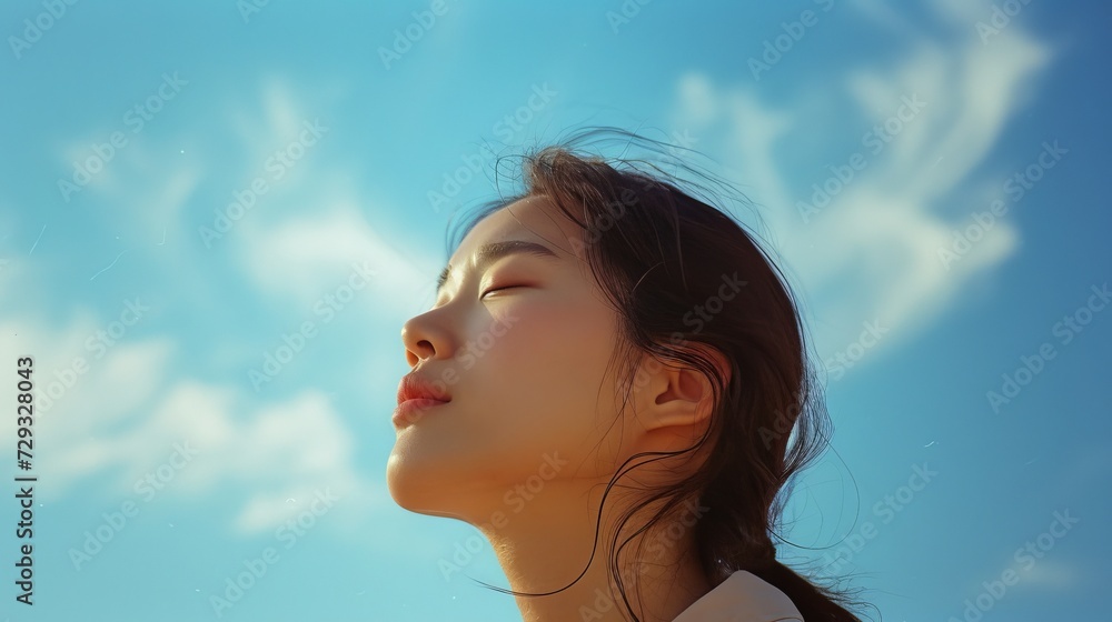Serene Korean Woman Against Sky-Blue Background Serene Korean Woman Against Sky-Blue Background
