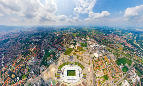 Turin, Italy - July 15, 2023: Allianz Stadium. The Juventus stadium seats 41,000, opened in 2011. Panorama of the city. Aerial view photo