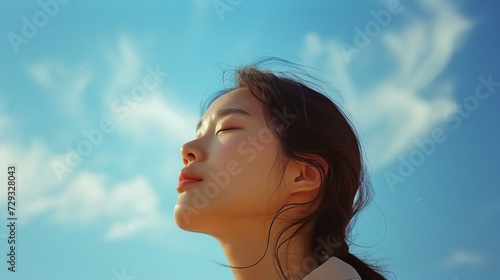 Serene Korean Woman Against Sky-Blue Background © AlissaAnn