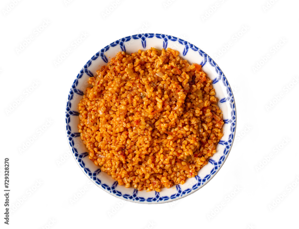 Traditional turkish bulgur pilaf with tomato sause in plate (Turkish name; meyhane pilavi) Traditional turkish bulgur pilaf with tomato sause in plate (Turkish name; meyhane pilavi)