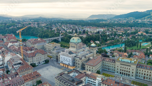 Bern, Switzerland - July 17, 2023: Federal Palace. Panorama of the city with a view of the historical center. Summer morning, Aerial View