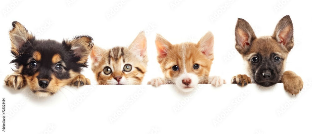 Playful kittens and puppies peeking over edge, showcasing a blend of innocence and mischief