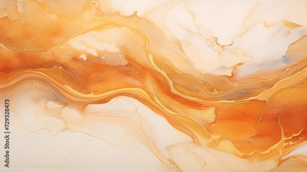 Abstract fluid art painting in alcohol ink technique. Flowing translucent paint warm hues. Background similar to the landscape of movement sands. Designed for wall art, postcard or poster, cover