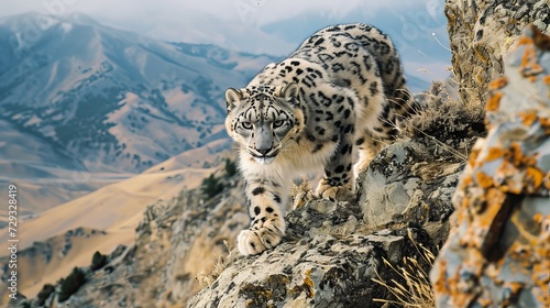 Snow Leopard Navigating Steep and Rugged Terrain