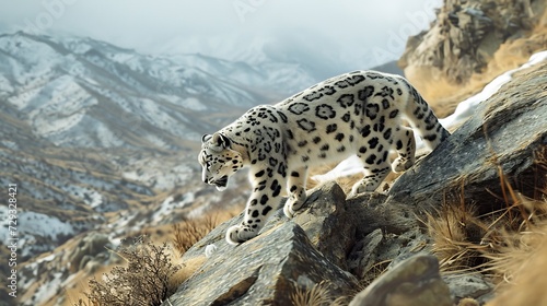 Snow Leopard Navigating Steep and Rugged Terrain